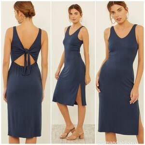 NWT Three Dots Luxe Tie Back Side Slit Night Iris Navy Ci Midi Dress Large